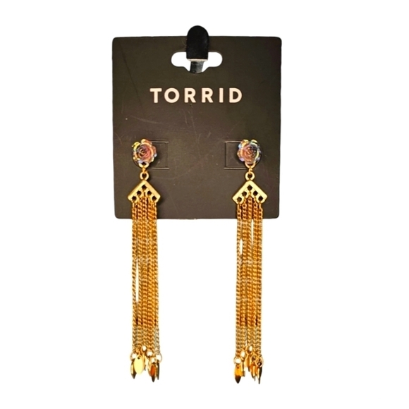 Torrid Muti Fringe Statement Post Earring with Rose Detail in Gold 3.5" long - Picture 1 of 3